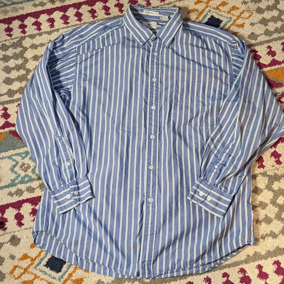 Gap Size Large Men's Blue Green & White Striped Classic Tailored Button Shirt - Picture 3 of 5